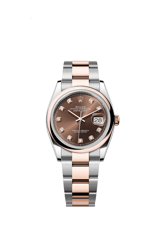 Rolex Datejust 36, Oystersteel and 18k Everose Gold, Chocolate sunray set with 10 diamonds dial, Domed Oyster, Ref# 126201-0054