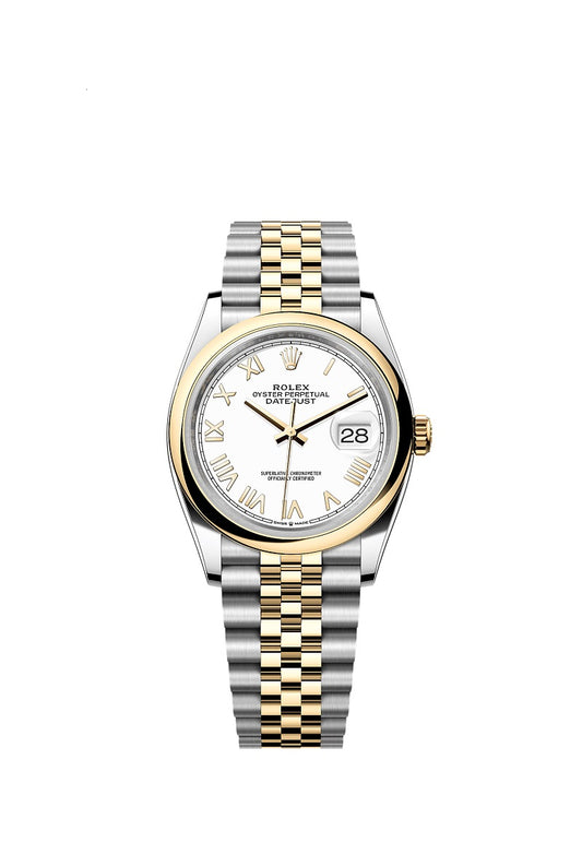 Rolex Datejust 36, Oystersteel and 18k Yellow Gold, Intense White Roman dial, Domed Jubilee, Ref# 126203-0047