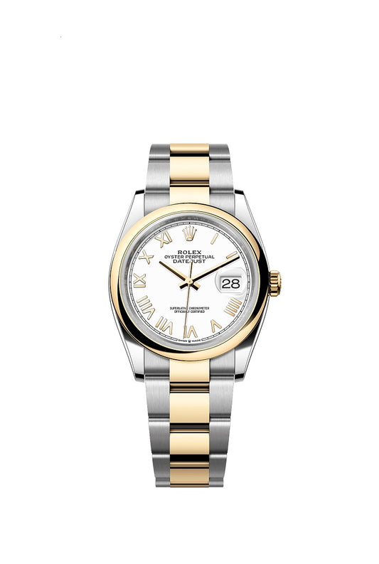 Rolex Datejust 36, Oystersteel and 18k Yellow Gold, Intense White Roman dial, Domed Oyster, Ref# 126203-0048