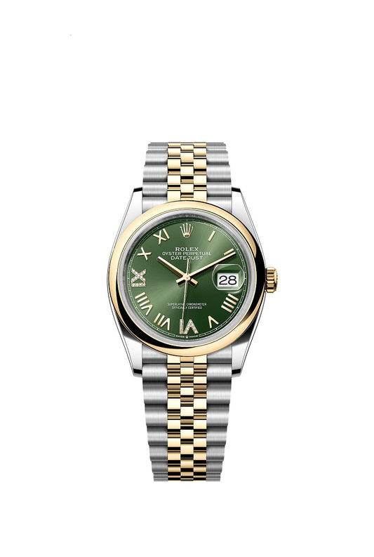 Rolex Datejust 36, Oystersteel and 18k Yellow Gold, Olive green set with Diamonds dial, Domed Jubilee, Ref# 126203-0049