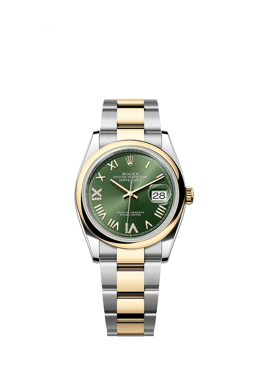 Rolex Datejust 36, Oystersteel and 18k Yellow Gold, Olive green set with Diamonds dial, Domed Oyster, Ref# 126203-0050