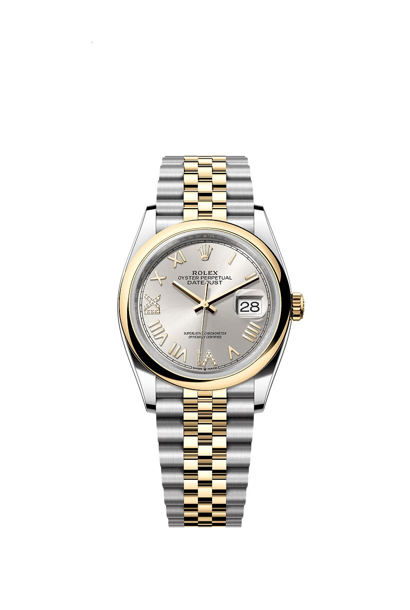 Rolex Datejust 36, Oystersteel and 18k Yellow Gold, Silver set with Diamonds dial, Domed Jubilee, Ref# 126203-0051