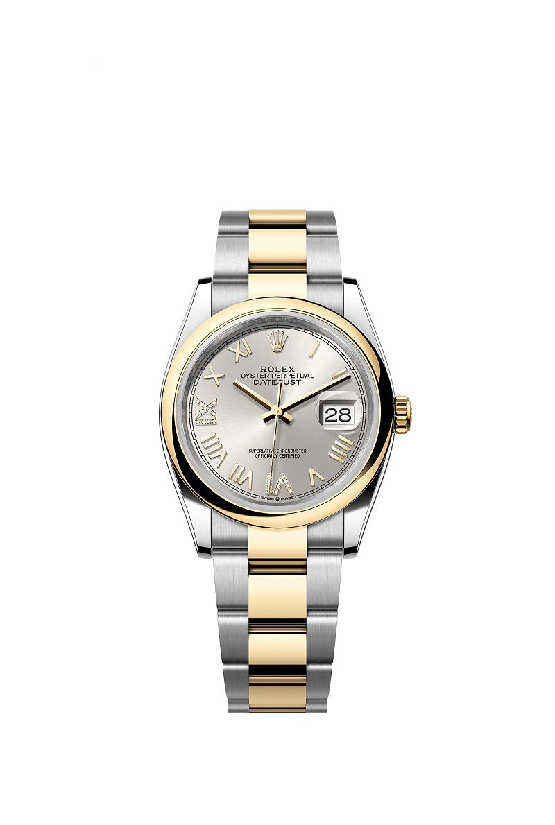 Rolex Datejust 36, Oystersteel and 18k Yellow Gold, Silver set with Diamonds dial, Domed Oyster, Ref# 126203-0052