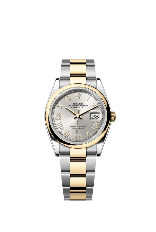 Rolex Datejust 36, Oystersteel and 18k Yellow Gold, Silver set with Diamonds dial, Domed Oyster, Ref# 126203-0052
