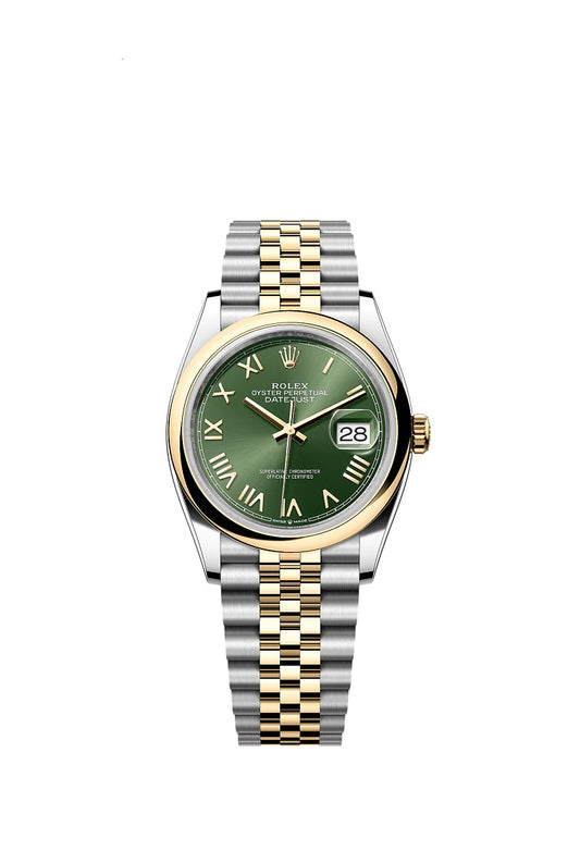 Rolex Datejust 36, Oystersteel and 18k Yellow Gold, Olive green Roman sunray dial, Domed Jubilee, Ref# 126203-0053