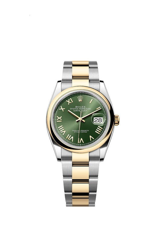 Rolex Datejust 36, Oystersteel and 18k Yellow Gold, Olive green Roman sunray dial, Domed Oyster, Ref# 126203-0054