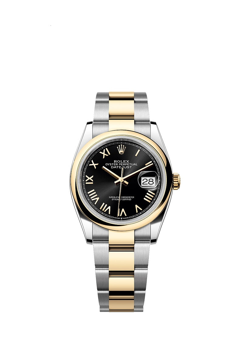Rolex Datejust 36, Oystersteel and 18k Yellow Gold, Bright black Roman sunray dial, Domed Oyster, Ref# 126203-0056