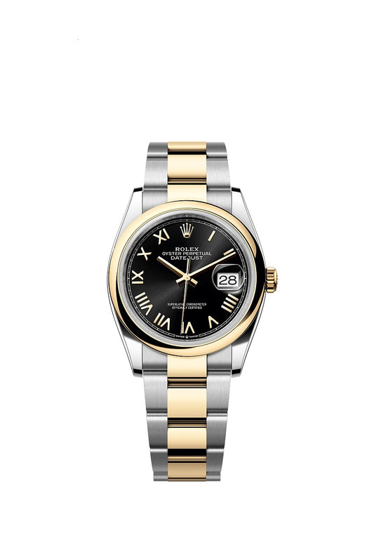 Rolex Datejust 36, Oystersteel and 18k Yellow Gold, Bright black Roman sunray dial, Domed Oyster, Ref# 126203-0056