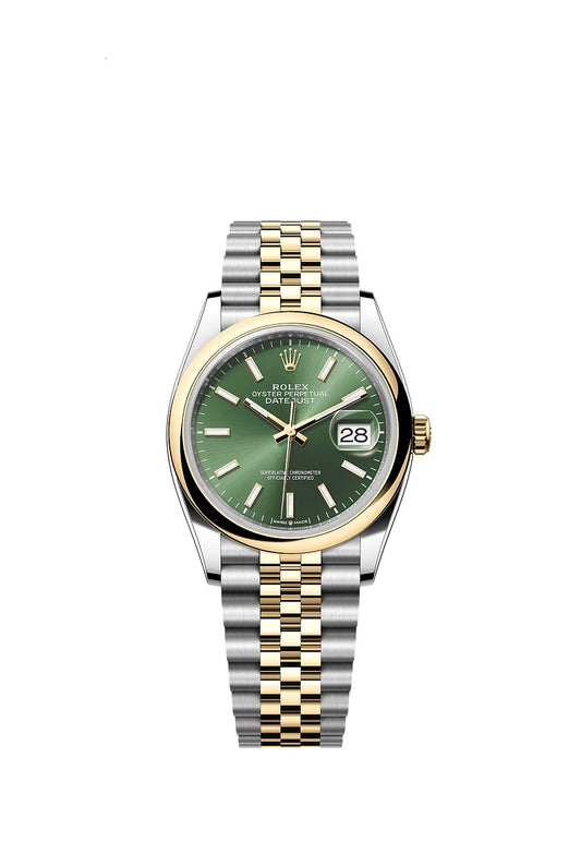 Rolex Datejust 36, Oystersteel and 18k Yellow Gold, Olive green sunray dial, Domed Jubilee, Ref# 126203-0057