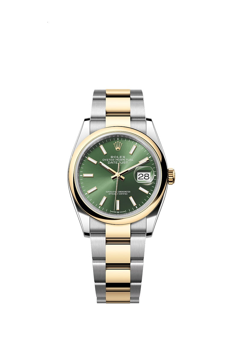 Rolex Datejust 36, Oystersteel and 18k Yellow Gold, Olive green sunray dial, Domed Oyster, Ref# 126203-0058