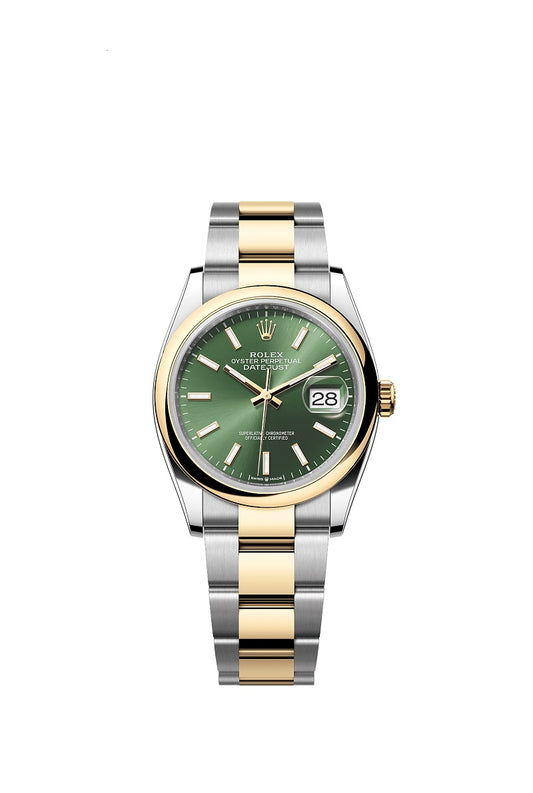 Rolex Datejust 36, Oystersteel and 18k Yellow Gold, Olive green sunray dial, Domed Oyster, Ref# 126203-0058