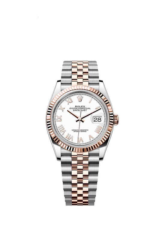 Rolex Datejust 36, Oystersteel and 18k Everose Gold, Intense White Roman dial, Fluted Jubilee, Ref# 126231-0045