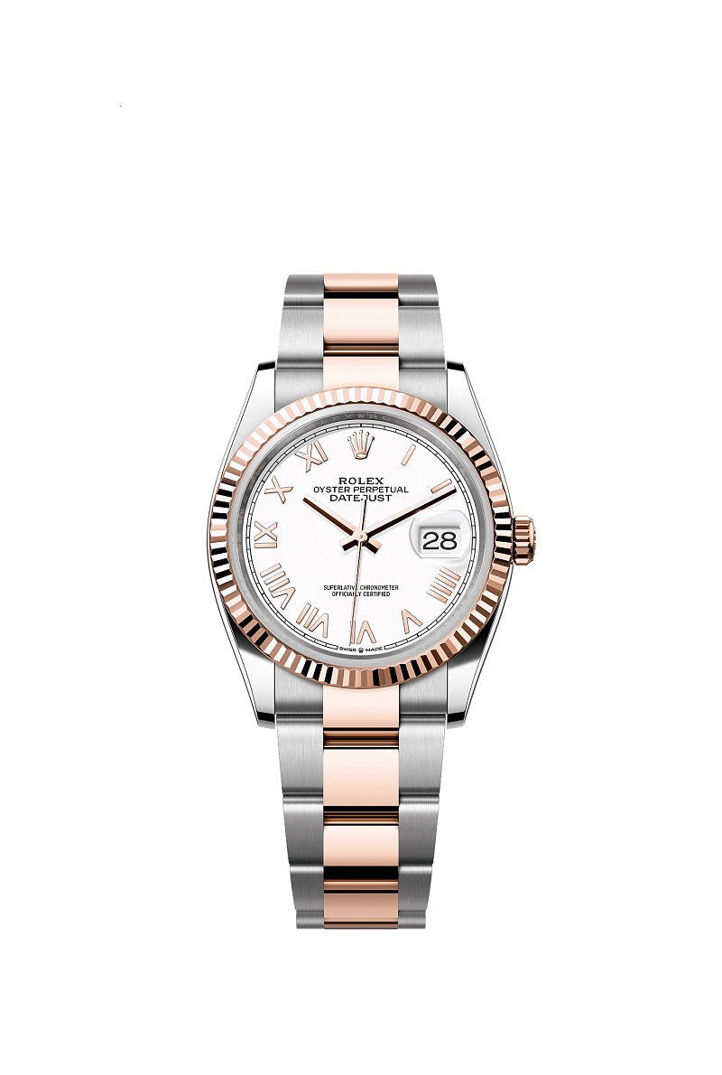Rolex Datejust 36, Oystersteel and 18k Everose Gold, Intense White Roman dial, Fluted Oyster, Ref# 126231-0046