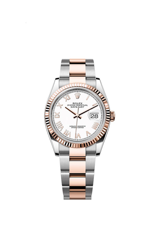 Rolex Datejust 36, Oystersteel and 18k Everose Gold, Intense White Roman dial, Fluted Oyster, Ref# 126231-0046