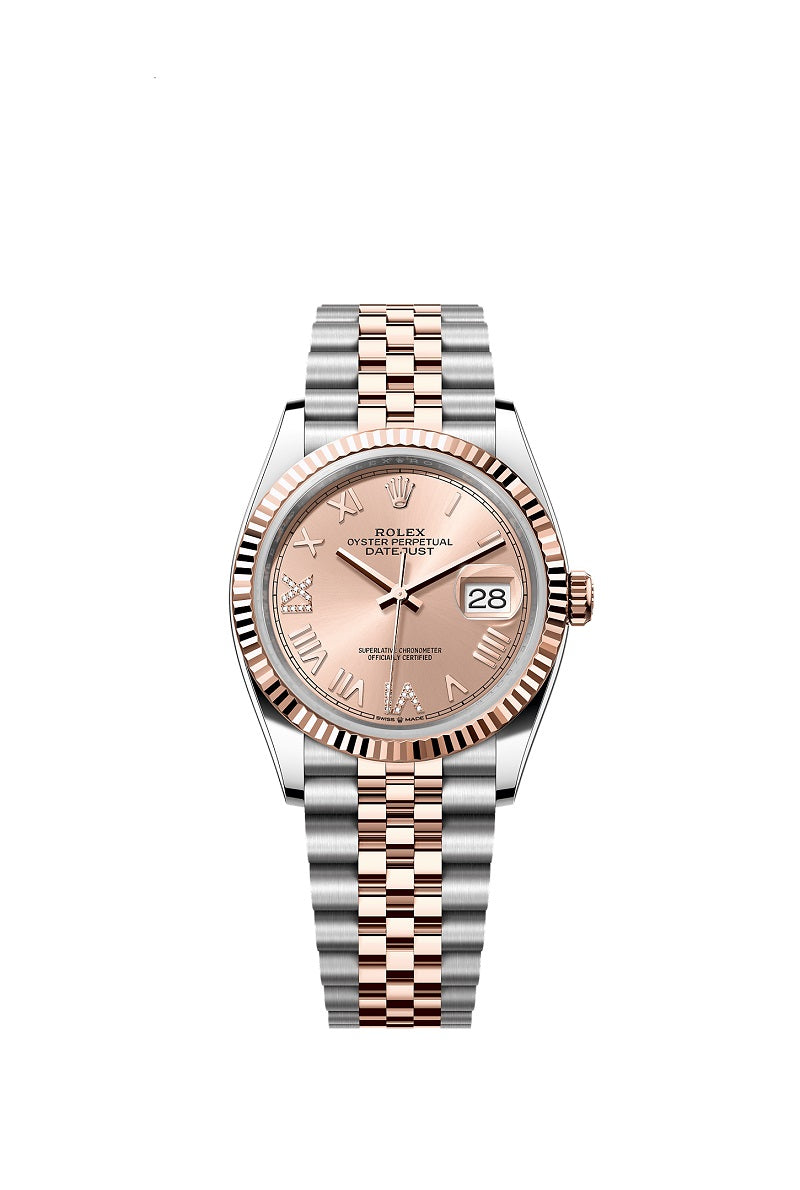 Rolex Datejust 36, Oystersteel and 18k Everose Gold, Rosé-colour set with diamonds dial, Fluted Jubilee, Ref# 126231-0049