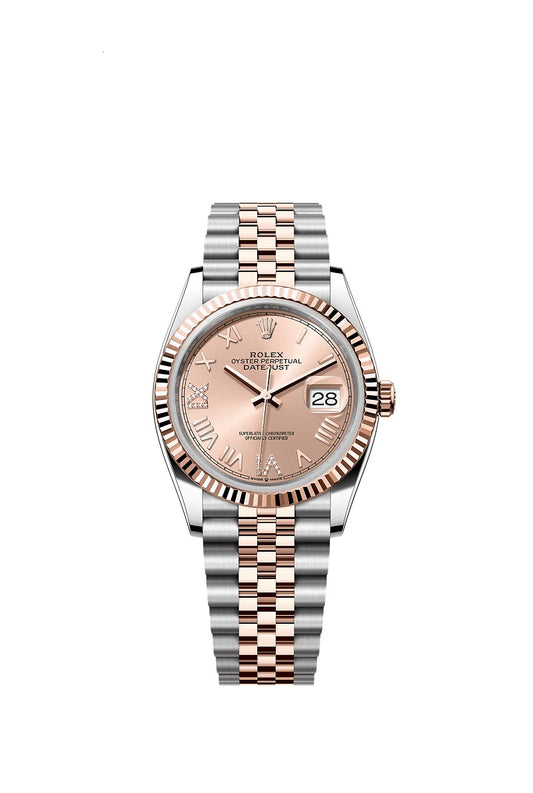 Rolex Datejust 36, Oystersteel and 18k Everose Gold, Rosé-colour set with diamonds dial, Fluted Jubilee, Ref# 126231-0049