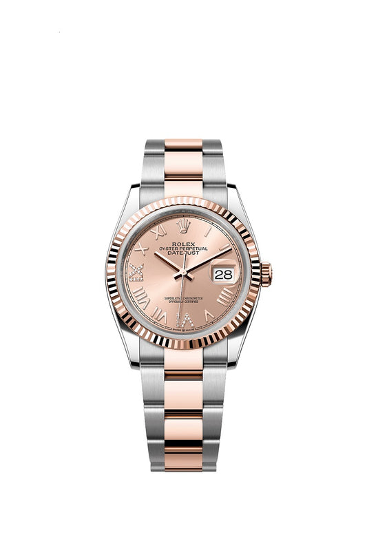 Rolex Datejust 36, Oystersteel and 18k Everose Gold, Rosé-colour set with diamonds dial, Fluted Oyster, Ref# 126231-0050