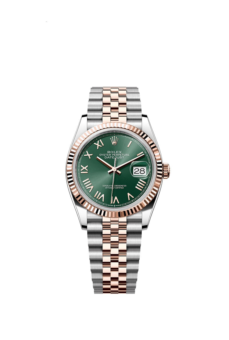 Rolex Datejust 36, Oystersteel and 18k Everose Gold, Mint green sunray Roman dial, Fluted Jubilee, Ref# 126231-0051