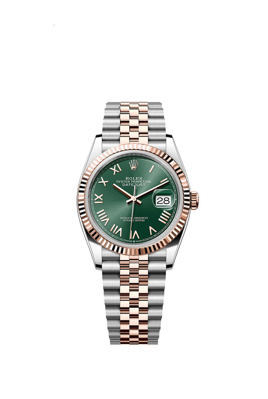 Rolex Datejust 36, Oystersteel and 18k Everose Gold, Mint green sunray Roman dial, Fluted Jubilee, Ref# 126231-0051