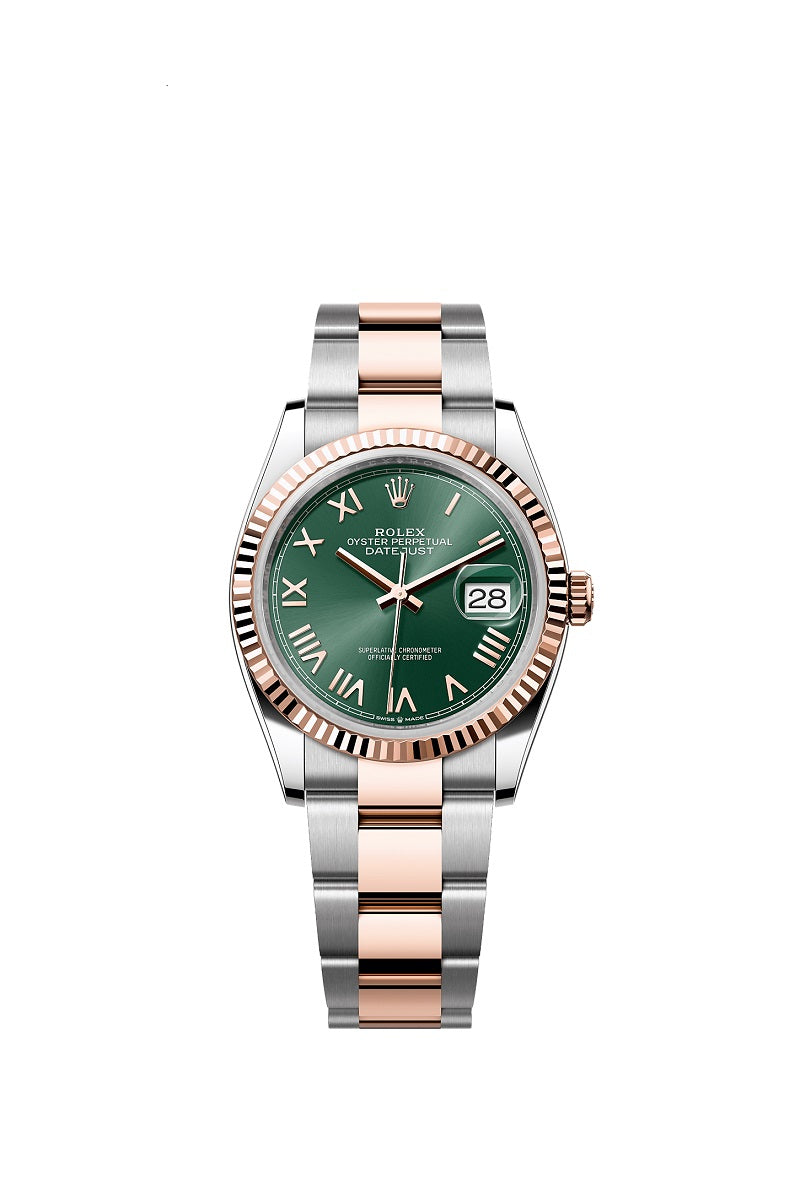 Rolex Datejust 36, Oystersteel and 18k Everose Gold, Mint green sunray Roman dial, Fluted Oyster, Ref# 126231-0052