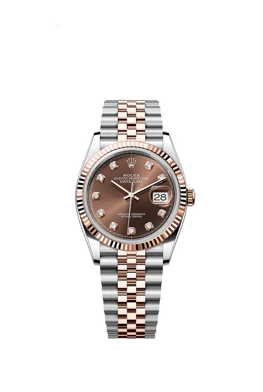 Rolex Datejust 36, Oystersteel and 18k Everose Gold, Chocolate sunray set with 10 diamonds dial, Fluted Jubilee, Ref# 126231-0053