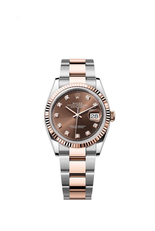 Rolex Datejust 36, Oystersteel and 18k Everose Gold, Chocolate sunray set with 10 diamonds dial, Fluted Oyster, Ref# 126231-0054
