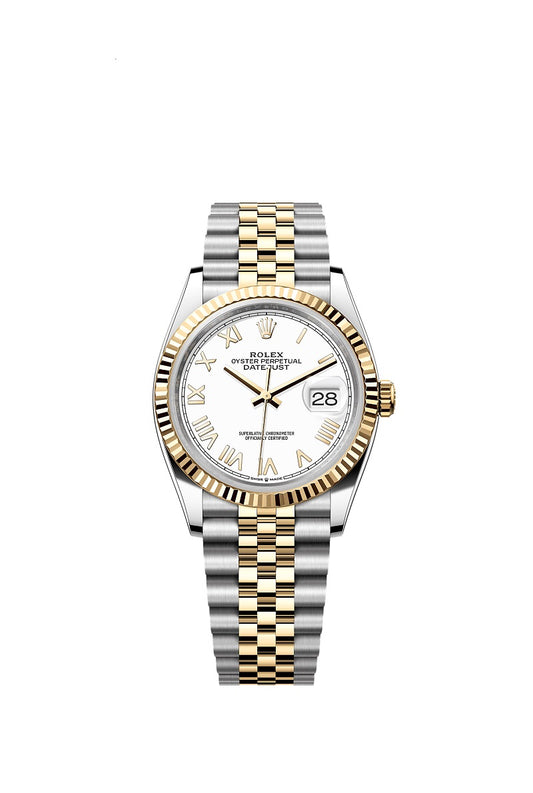 Rolex Datejust 36, Oystersteel and 18k Yellow Gold, Intense White Roman dial, Fluted Jubilee, Ref# 126233-0047