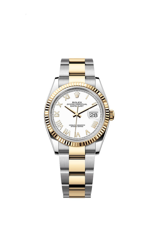 Rolex Datejust 36, Oystersteel and 18k Yellow Gold, Intense White Roman dial, Fluted Oyster, Ref# 126233-0048