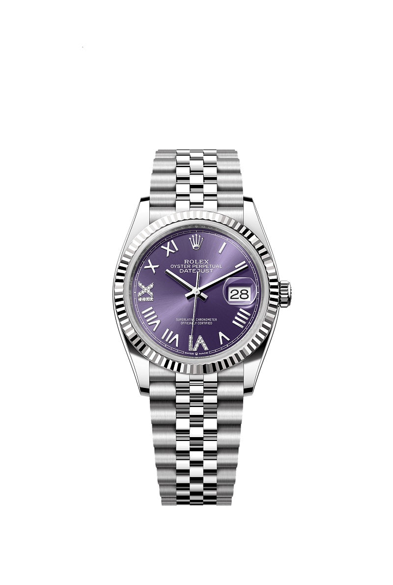 Rolex Datejust 36, Oystersteel and 18k White Gold, Aubergine set with diamonds dial, Fluted Jubilee, Ref# 126234-0063