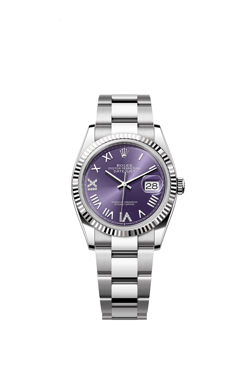 Rolex Datejust 36, Oystersteel and 18k White Gold, Aubergine set with diamonds dial, Fluted Oyster, Ref# 126234-0064