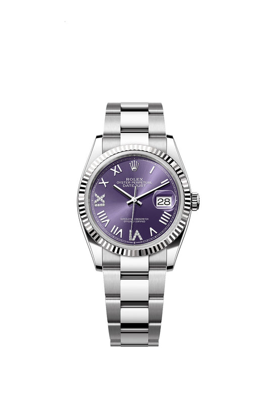 Rolex Datejust 36, Oystersteel and 18k White Gold, Aubergine set with diamonds dial, Fluted Oyster, Ref# 126234-0064