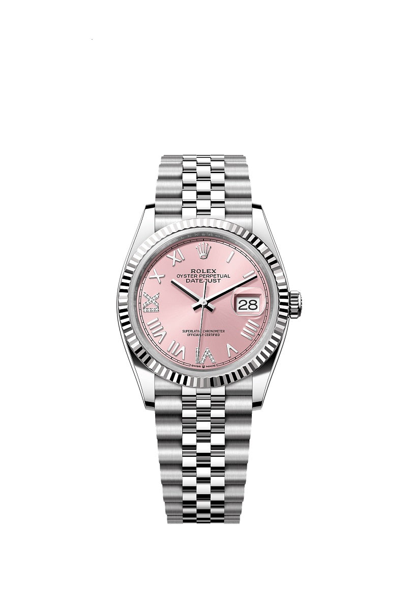 Rolex Datejust 36, Oystersteel and 18k White Gold, Pink set with diamonds dial, Fluted Jubilee, Ref# 126234-0065