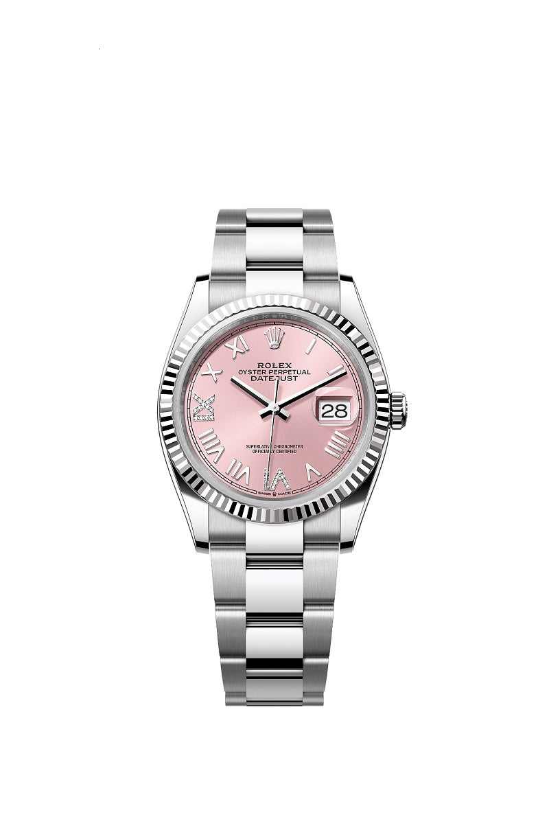 Rolex Datejust 36, Oystersteel and 18k White Gold, Pink set with diamonds dial, Fluted Oyster, Ref# 126234-0066