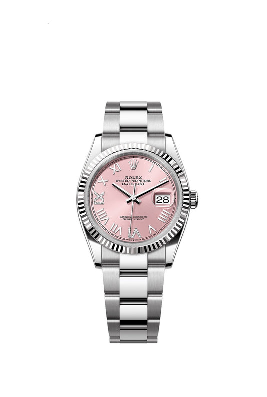 Rolex Datejust 36, Oystersteel and 18k White Gold, Pink set with diamonds dial, Fluted Oyster, Ref# 126234-0066