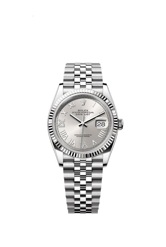 Rolex Datejust 36, Oystersteel and 18k White Gold, Silver set with diamonds dial, Fluted Jubilee, Ref# 126234-0067