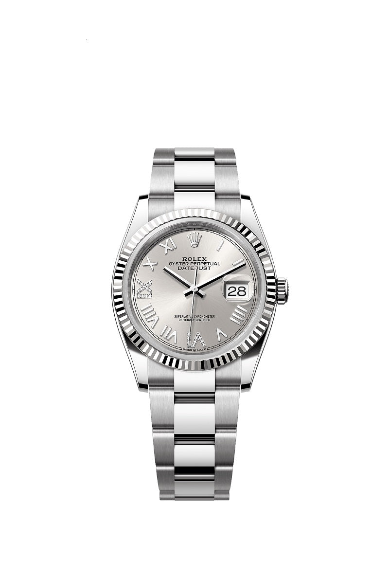 Rolex Datejust 36, Oystersteel and 18k White Gold, Silver set with diamonds dial, Fluted Oyster, Ref# 126234-0068