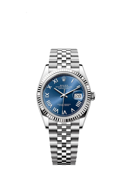 Rolex Datejust 36, Oystersteel and 18k White Gold, Bright blue sunray dial, Fluted Jubilee, Ref# 126234-0069