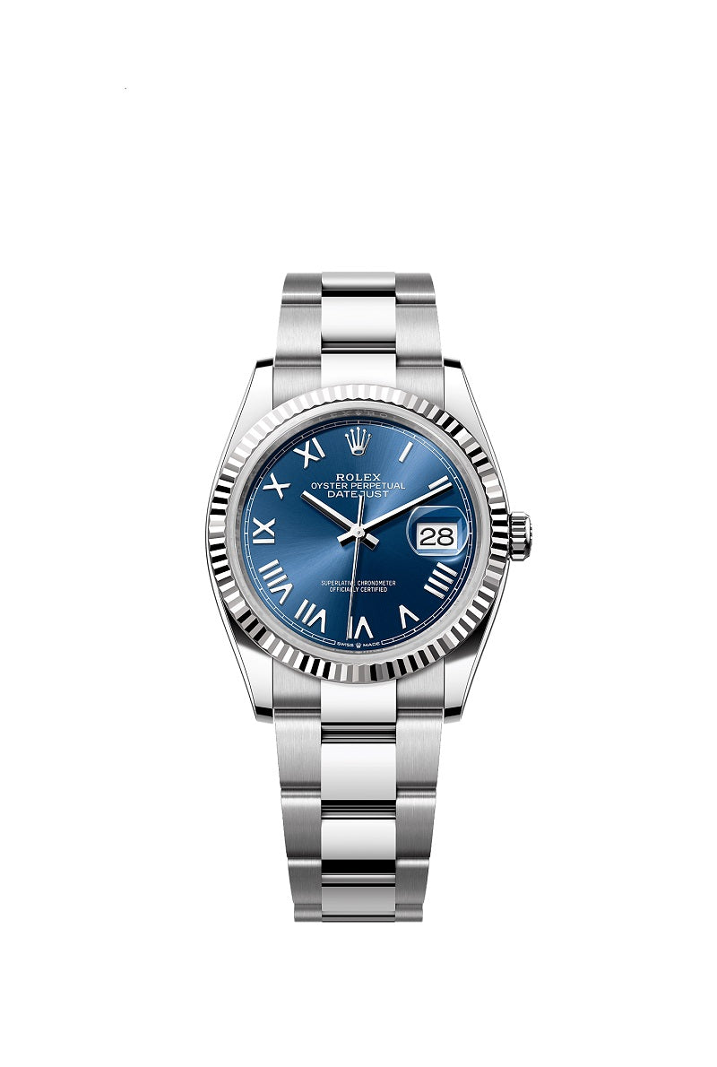 Rolex Datejust 36, Oystersteel and 18k White Gold, Bright blue sunray dial, Fluted Oyster, Ref# 126234-0070