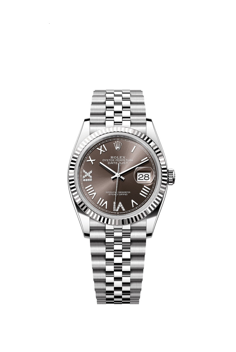 Rolex Datejust 36, Oystersteel and 18k White Gold, Dark grey set with diamonds dial, Fluted Jubilee, Ref# 126234-0071