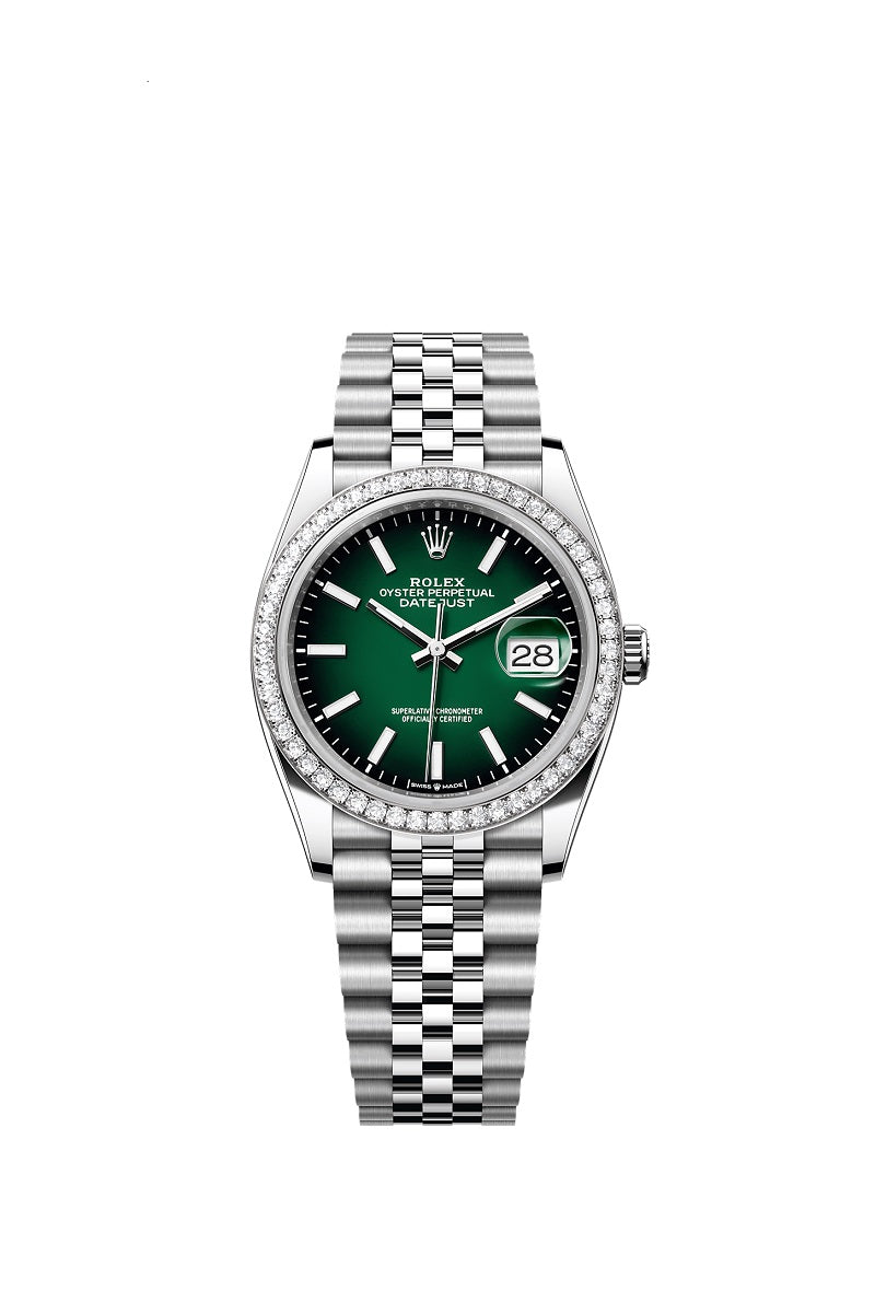 Rolex Datejust 36, Oystersteel and 18k White Gold, Green ombré dial, Diamond-set bezel Jubilee, Ref# 126284rbr-0051