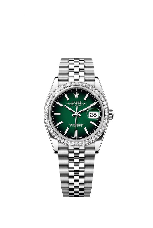 Rolex Datejust 36, Oystersteel and 18k White Gold, Green ombré dial, Diamond-set bezel Jubilee, Ref# 126284rbr-0051