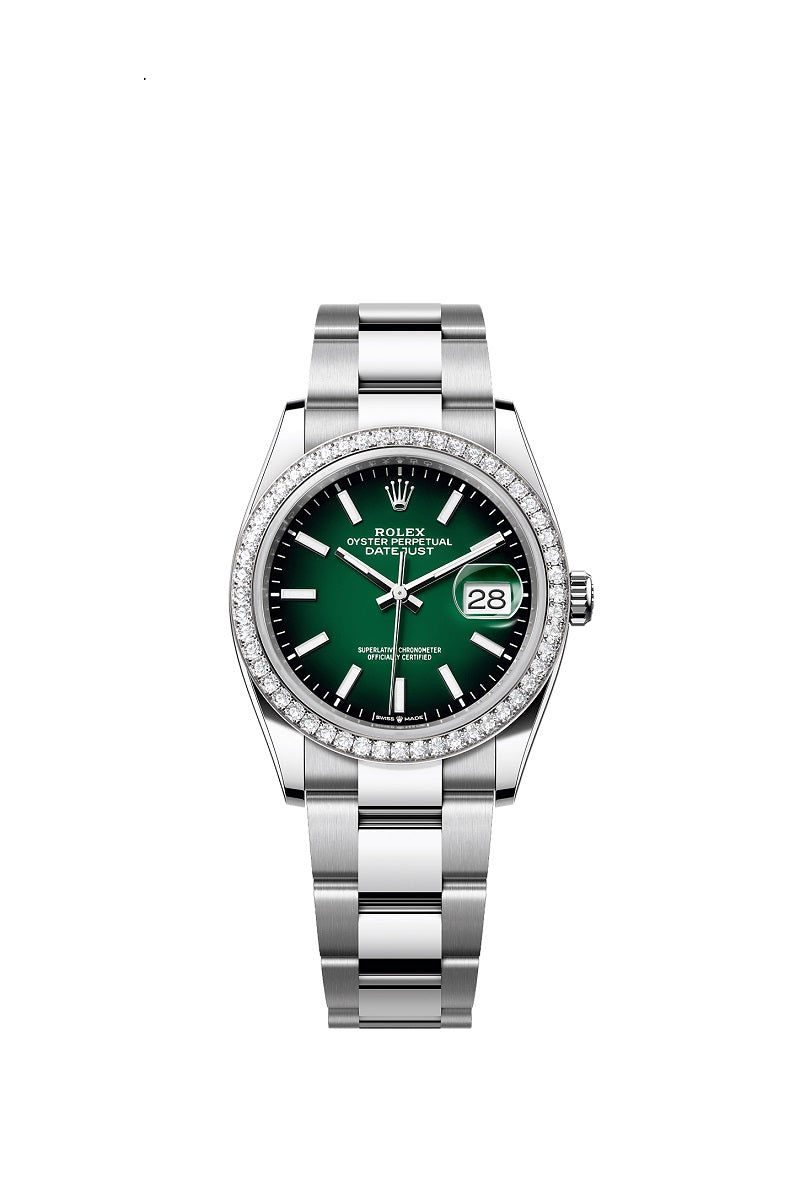 Rolex Datejust 36, Oystersteel and 18k White Gold, Green ombré dial, Diamond-set bezel Oyster, Ref# 126284rbr-0052