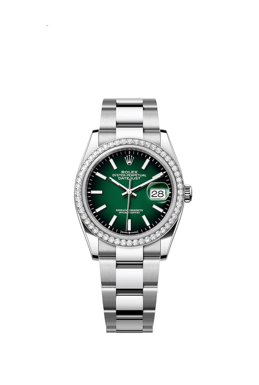 Rolex Datejust 36, Oystersteel and 18k White Gold, Green ombré dial, Diamond-set bezel Oyster, Ref# 126284rbr-0052
