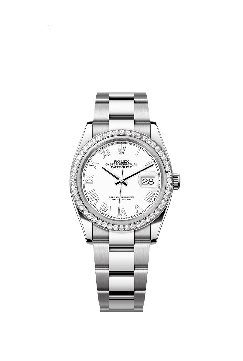 Rolex Datejust 36, Oystersteel and 18k White Gold, Intense white dial, Diamond-set bezel Oyster, Ref# 126284rbr-0054