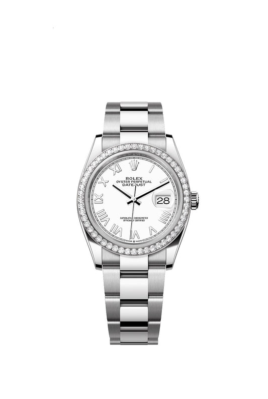 Rolex Datejust 36, Oystersteel and 18k White Gold, Intense white dial, Diamond-set bezel Oyster, Ref# 126284rbr-0054