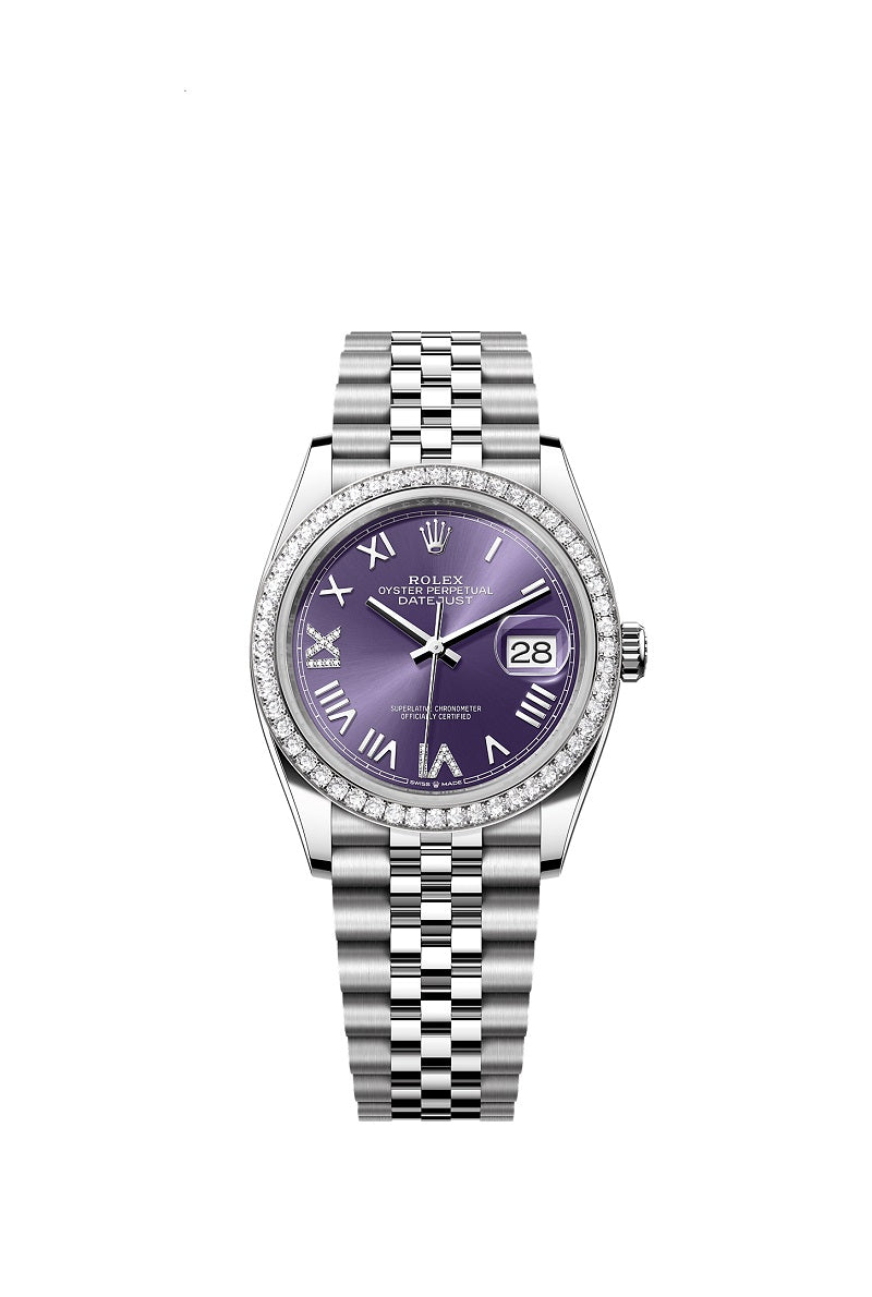 Rolex Datejust 36, Oystersteel and 18k White Gold, Aubergine set with diamonds dial, Diamond-set bezel Jubilee, Ref# 126284rbr-0055