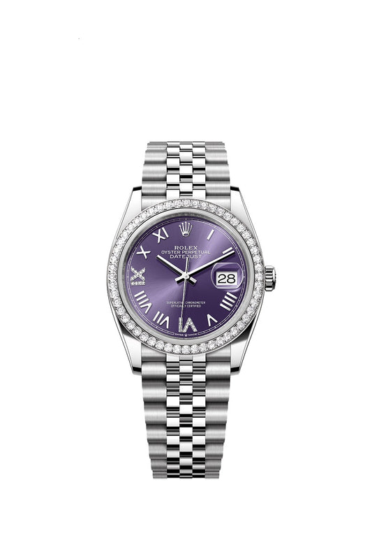 Rolex Datejust 36, Oystersteel and 18k White Gold, Aubergine set with diamonds dial, Diamond-set bezel Jubilee, Ref# 126284rbr-0055