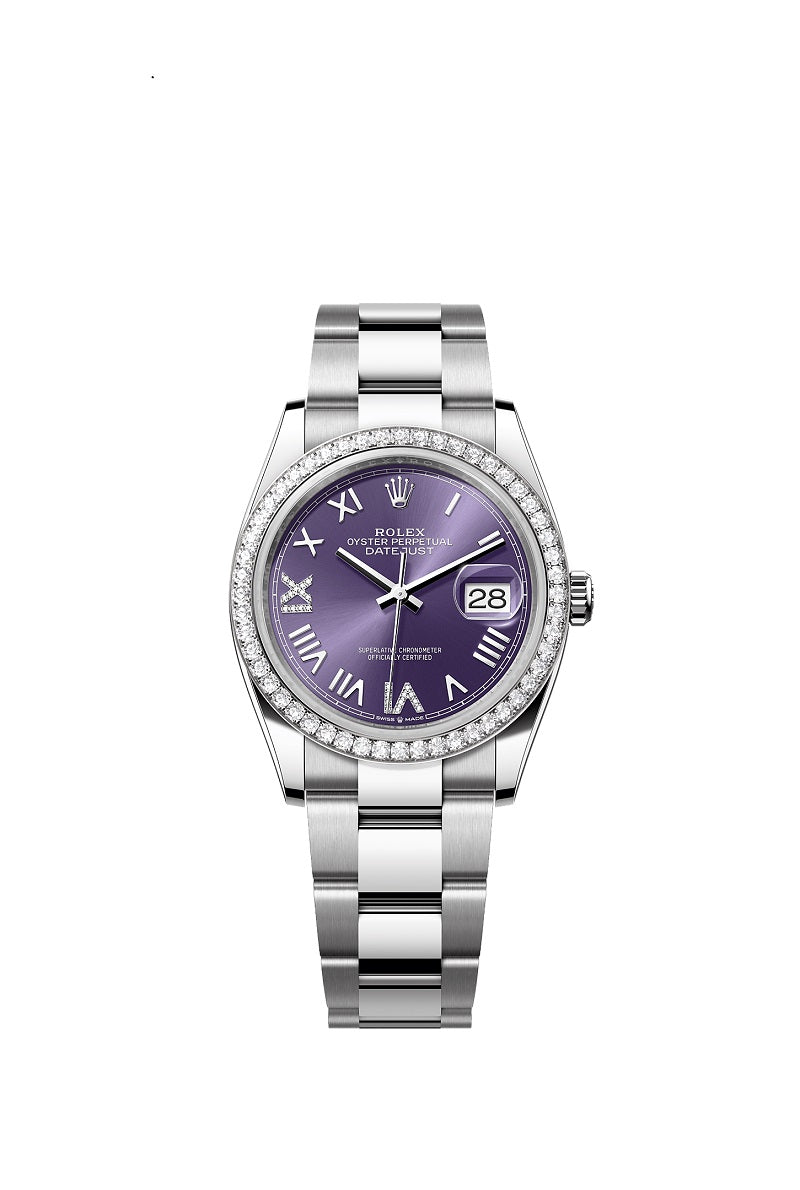Rolex Datejust 36, Oystersteel and 18k White Gold, Aubergine set with diamonds dial, Diamond-set bezel Oyster, Ref# 126284rbr-0056