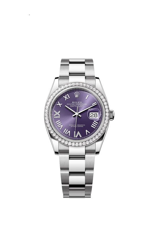 Rolex Datejust 36, Oystersteel and 18k White Gold, Aubergine set with diamonds dial, Diamond-set bezel Oyster, Ref# 126284rbr-0056