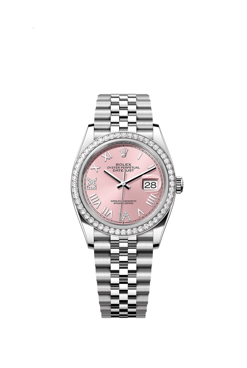 Rolex Datejust 36, Oystersteel and 18k White Gold, Pink set with diamonds dial, Diamond-set bezel Jubilee, Ref# 126284rbr-0057